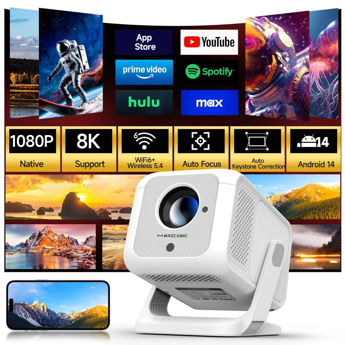 Smart Projector Native 1080P 4K Supported WiFi 6 Auto Focus
